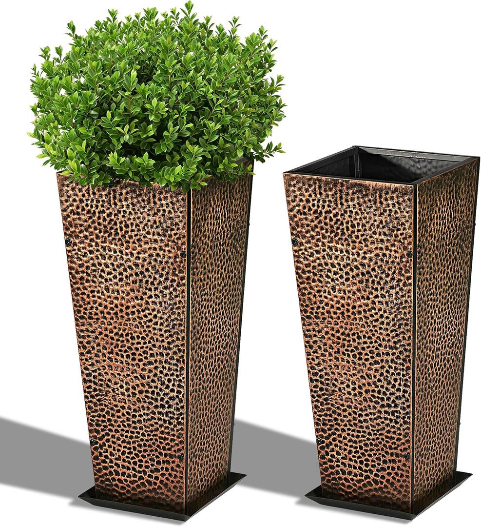 BAYN 2-Pack 24" Tall Metal Planter Hand-Hammered Textured Large Bronze Flower Pots Box with Saucer for Outdoor&Indoor, Garden, Porch, Patio, Yard with Pre-Drilled Drainage Holes