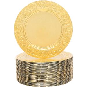 100 Pcs Gold Round Charger Plates Bulk, 13 Inch Antique Charger Plate Set Plastic Embossed Dinner Plate Reusable Plates for Table Setting Wedding Party, Gold 