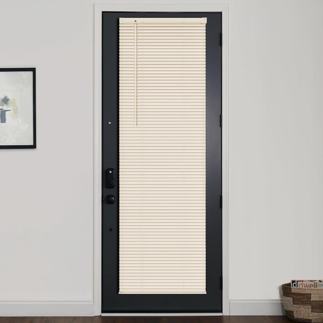 LazBlinds 1" Vinyl Mini Blinds for Doors, Cordless French Door Blinds for Privacy, Light Filtering Privacy Horizontal Shades for Front Door Patio Sidelight Glass Door, 15 3/4" W x 70" H, Beige