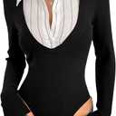 SOLY HUX Women's Striped Long Sleeve Bodysuits Button Down Tshirts Collared 2 in 1 Tops Preppy Clothes, Medium
