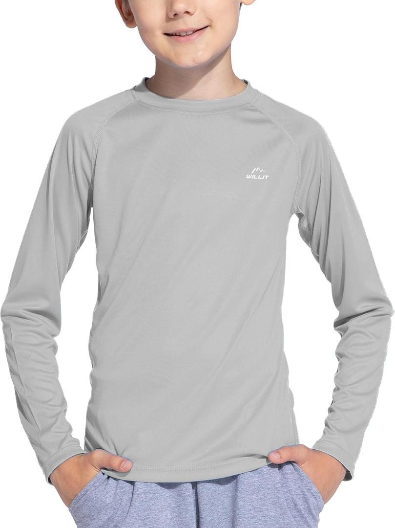 Willit Boy's UPF 50+ Sun Protection Shirt Long Sleeve Rash Guard Swim Shirts Youth SPF Fishing Quick Dry Shirt (Gray) L