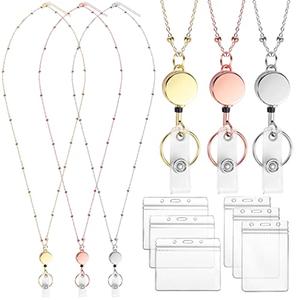 Lanyards for Id Badges 3 Pack Badge Lanyard with 6 Pcs Id Badge Holder Retractable Stainless Steel Teacher Cruise Ship Lanyard for Girl Women (Silver, Gold, Rose Gold)