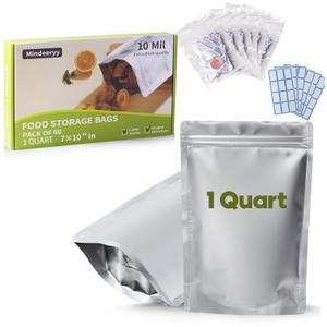 60pcs 1 Quart Mylar Bags for Food Storage with Oxygen Absorbers 400cc and Labels, Extra Thick 10 Mil - 7x10 Inch Zipper Pouches Resealable for Long Term Food Container Sets - Heat Sealable
