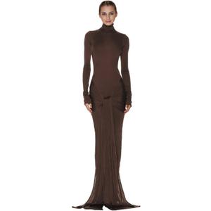 JUMISEE Women's Sexy High Neck Long Sleeve Maxi Dress Elegant Tie Waist Bodycon Long Dress Cocktail Party Dress (Coffee)