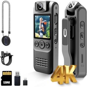 4K 128GB Body Camera, Audio and Video Recording, with Magnetic Back Clip&Bike Mount, 180Rotating Lens, Wearable Portable Bodycam for Outdoor/Sports/Security/Police