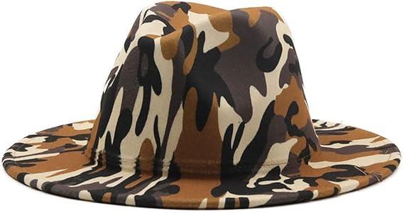 Camo Wool Felt Jazz Fedora Hat Women Men Wide Brim Panama Formal Hat Top Cap with Black Bottom
