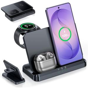 Wireless Charger for Samsung – 3 in 1 Wireless Charging Station for Galaxy S26 Ultra S25 S24, Z Fold Flip 7/6, Detachable Watch Charger for Galaxy Ultra 8/7/6, Foldable, Fast Charging, No Adapter, Black