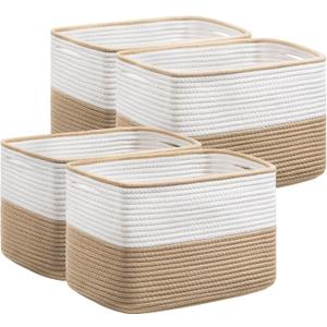 UBBCARE 4 Pack Baskets for Organizing, Woven Storage Baskets for Toys and Towel, Rectangle Cotton Rope Basket with Handles, 15''L x10''W x9''H, Brown