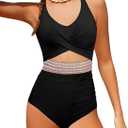 Girls Swimsuit Criss Cross Cutout One Piece Bathing Suit Color Block V Neck Back Tie Swimwear 9-16Y (13-14 Years, Black)