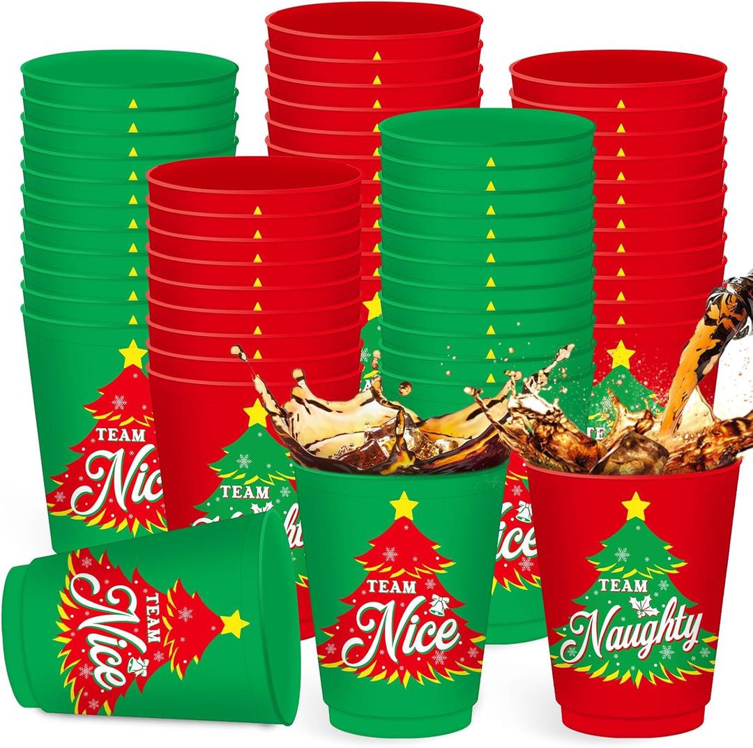 Nuenen 24 Pcs Christmas Tree Theme Cups Xmas Party Reusable 16 oz Plastic Team Naughty or Team Nice Cups for Christmas Beverage Drinking Holiday Winter Xmas Party Tableware Decoration