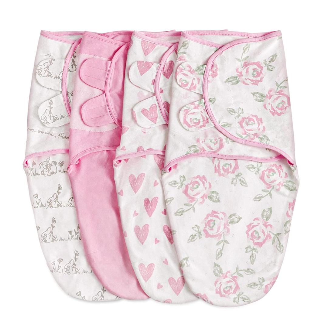 Organic Baby Swaddle Sleep Sacks, 4-Pack Swaddles for Newborns Baby Essentials, Infant 0-3 Months, 100% Cotton Soft & Snug Adjustable Wrap Nursery Swaddling Blankets Improves Sleep (Pink Floral Love)