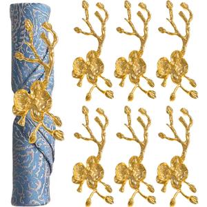 Gold Napkin Rings Set of 6, Metal Plum Blossom Napkin Rings Cloth Napkin Holder for Weddings, Valentines Day, Holiday, Receptions, Dinner Party, Banquet, Buffet Table Decor (Gold)