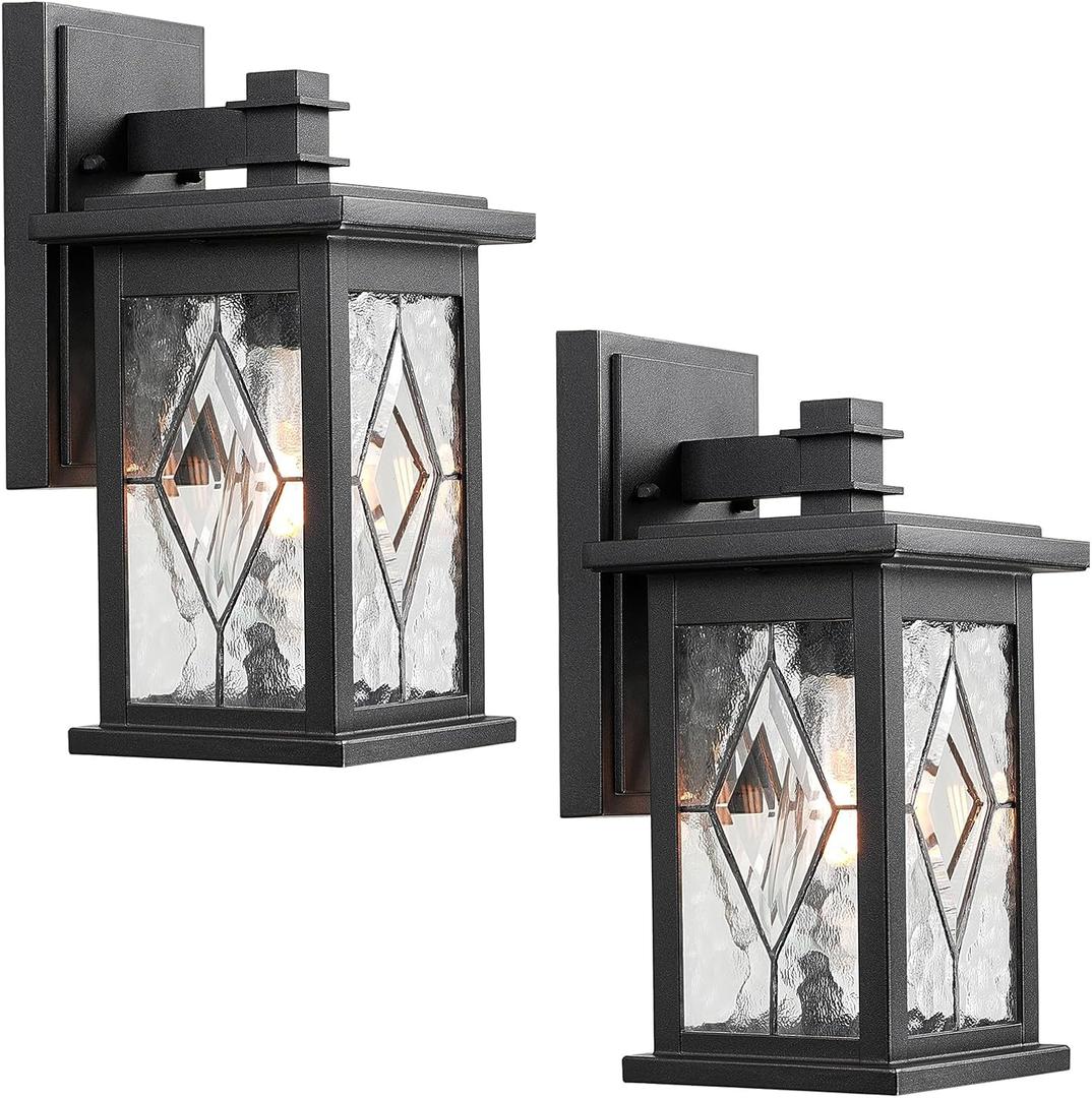 Exterior Lighting fixtures Black Outdoor Lights for House | Aluminum Outdoor Wall Lights with Hand-made Solder Glass, 2-Pack Porch Light for Garage E26 Socket, 12 Inch Height