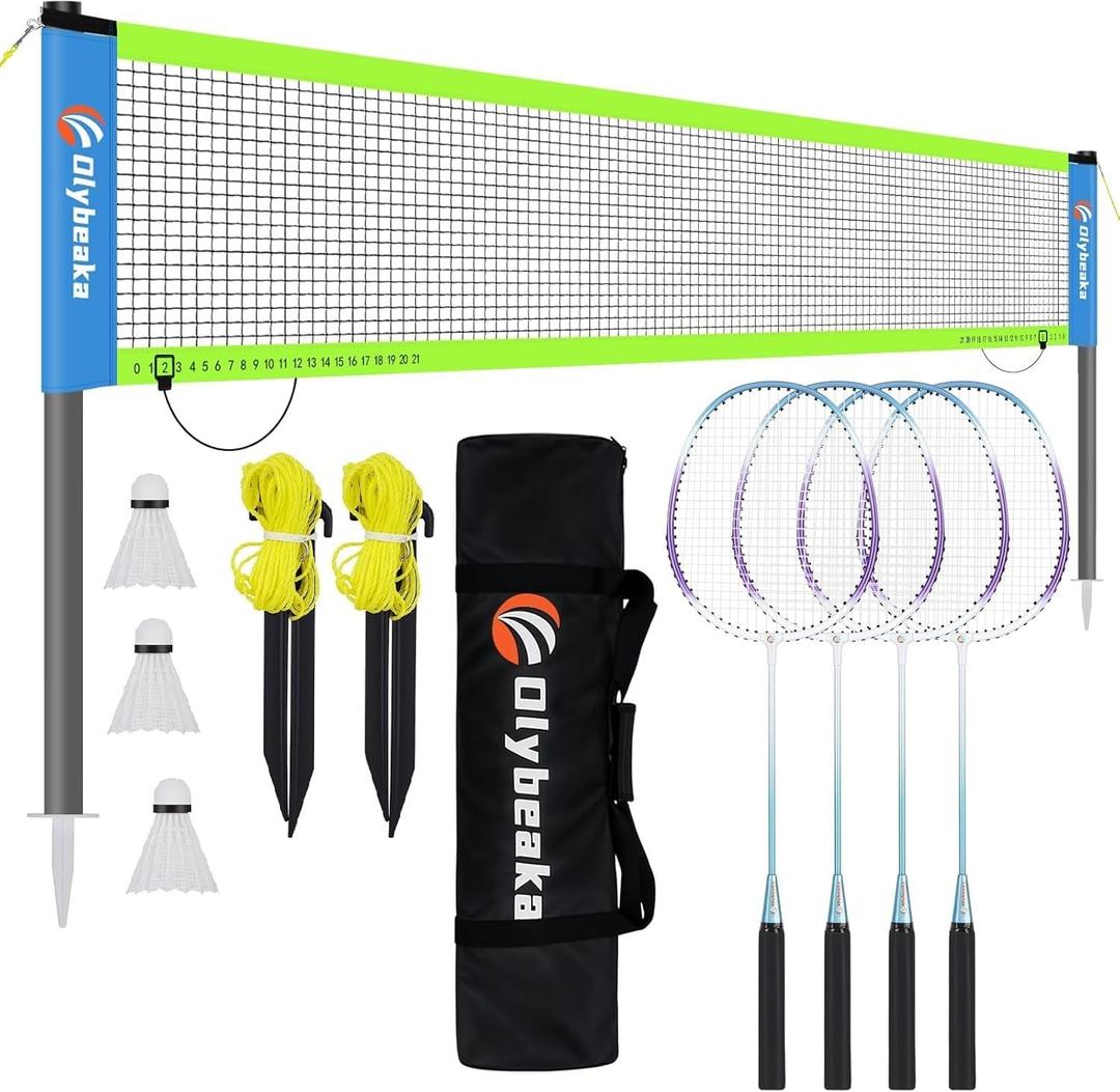 Outdoor Baminton Net Set for Backyard, Beach, Family Games with 20 * 3ft Anti-sag Net, 4 Aluminum Badminton Rackets, 3 Shuttlecocks, Carring Bag - Easy Set Up & Portable