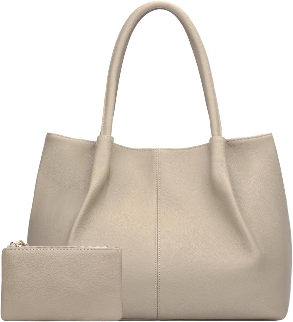 KKXIU Tote Bag for Women Vegan Leather Shoulder Purse Large Capacity Travel Bag (Beige) (Maximum 15" Laptop)