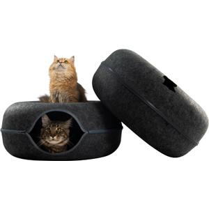 CATTASAURUS Peekaboo Cat Cave for Multiple & Large Cats Up to 30-45 Lbs, Scratch Detachable & Washable Tunnel Bed, Comfy Donut Cat Cave (Dark Gray + Dark Gray, Large)