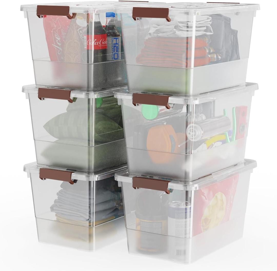 WYT 32 Qt Plastic Clear Storage Bin with Durable Lids and Latching Buckle, 6-Pack Tote Organizing Box Stackable and Nestable