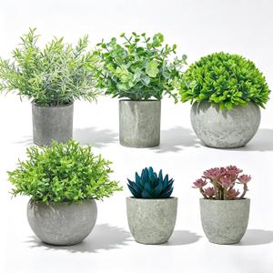 6 Pack Small Fake Plants, Artificial Plants Indoor Eucalyptus/Four-Leaf Clover/Succulent Light Purple/Succulent Blue/Thousand Layer Grass, Snake Tongue Grass Plants, For Home Bathroom Office Decor