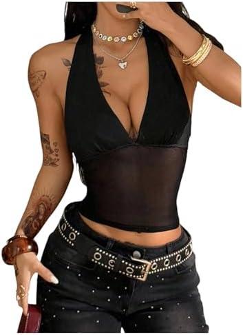 SweatyRocks Women's Sheer Mesh Fitted Halter Tops Backless Deep V Neck Party Going Out Top (M, Black)