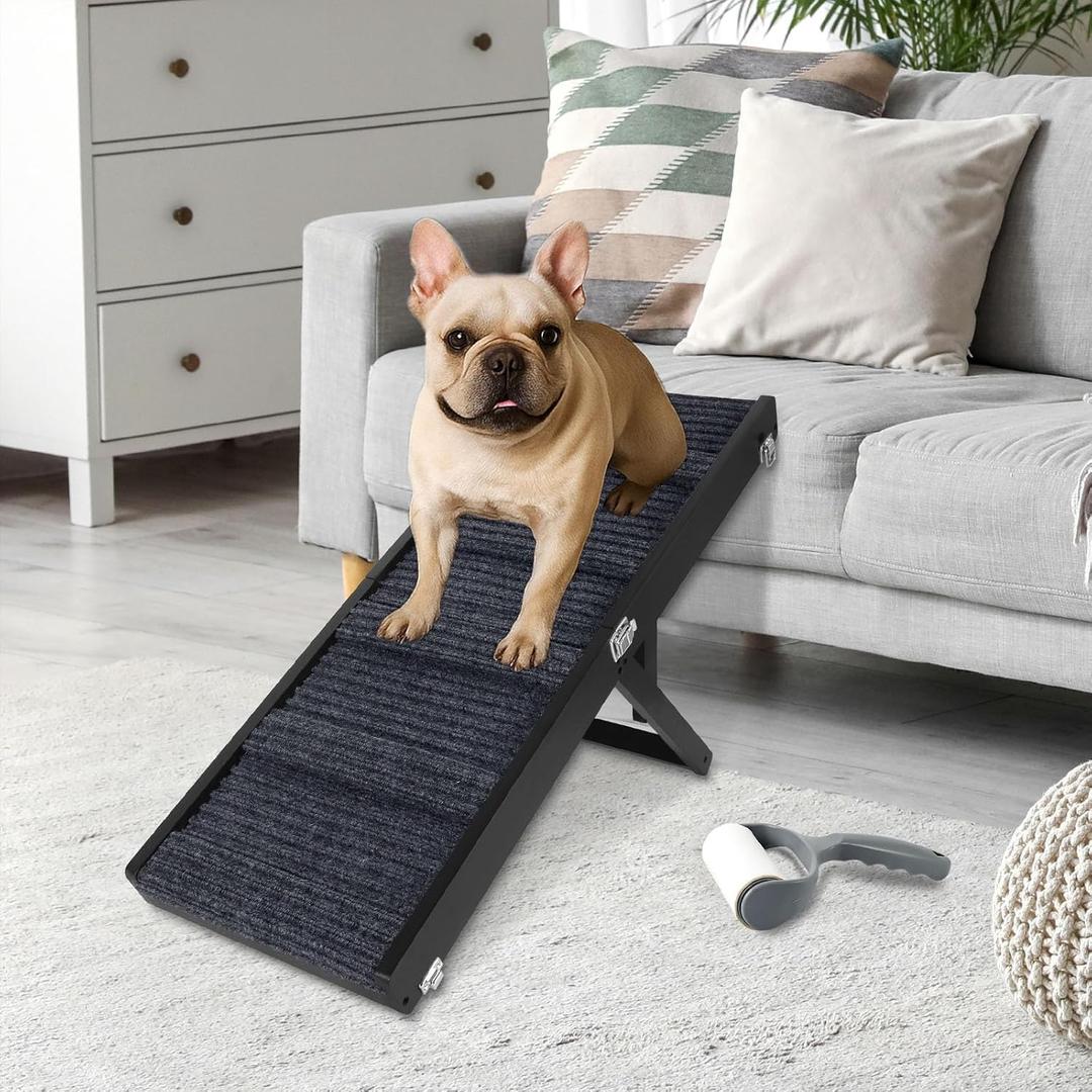 Okydoky Small Dog Ramp, Portable Folding Pet Stair Ramp, 32" Long Wooden Pet Ramp with Non-Slip Carpet Surface, Adjustable 4 Levels Height, Foldable Dog Car Ramp for Sofa, Couch, Car (Black) NO.LGPT12