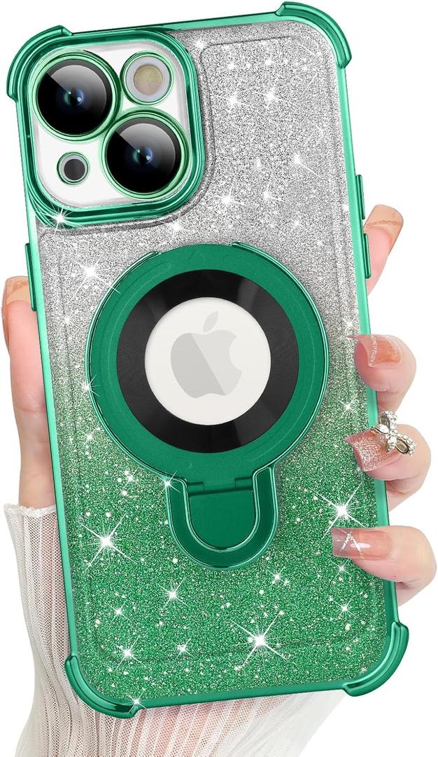 KANGHAR for iPhone 14 Case, Support for MagSafe [Four Corner Cushion Series] Kickstand Electroplate Edge Shockproof Durable Full Body Protection for Girls Women -Green
