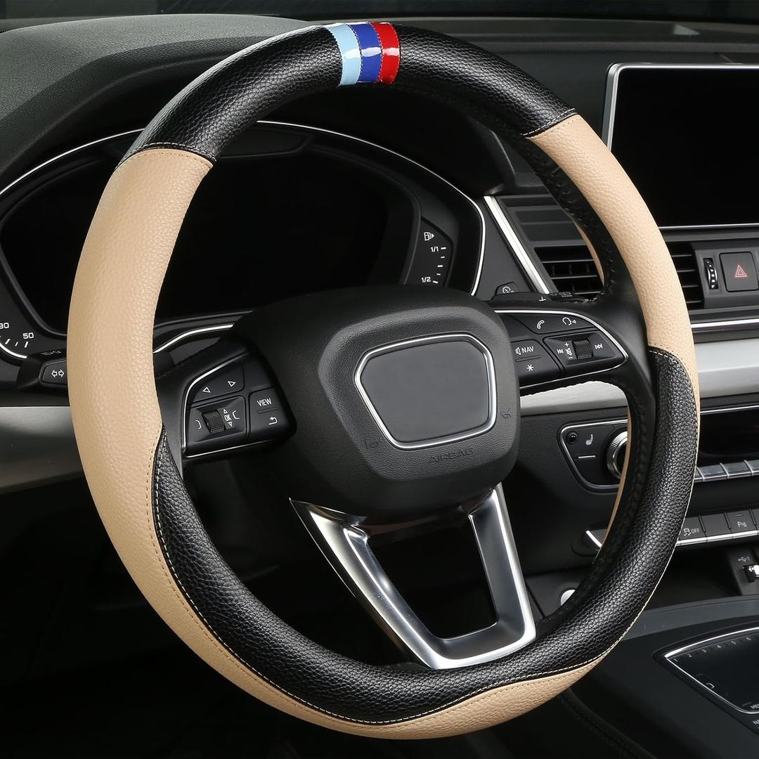Customized Auto Car Steering Wheel Cover for BMW X1,X2,X3,X4,X5,X6,X7,i3,i4,i5,14.5-15 inch (Beige)