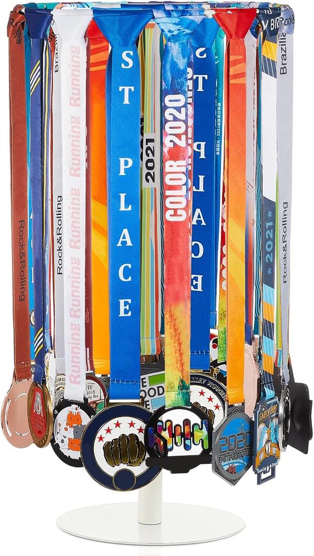 Shimeyao Medal Hanger Display Rotatable Medal Holder DisplayRotating Metals Display Rack Adjustable Award Holder Stand for Basketball Running Sports Race, 45+ Plaques (White)
