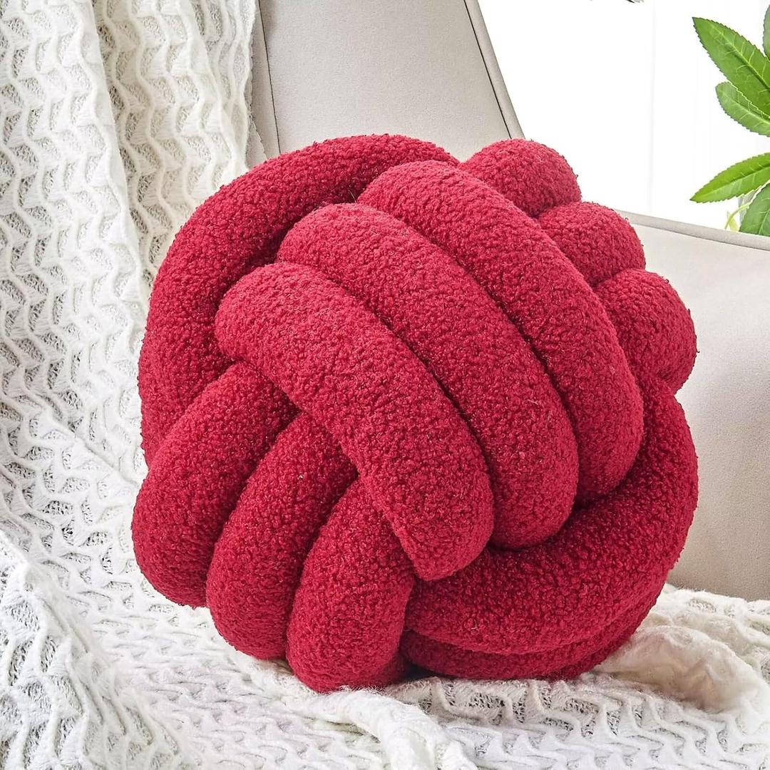 Uvvyui Knot Pillow Ball, Soft Home Decorative Pillows, Round Throw Pillow, Handmade Knotted Plush Pillow, Round Boucle Pillow Cushion (11 Inches Burgundy) (Medium (Pack of 1))