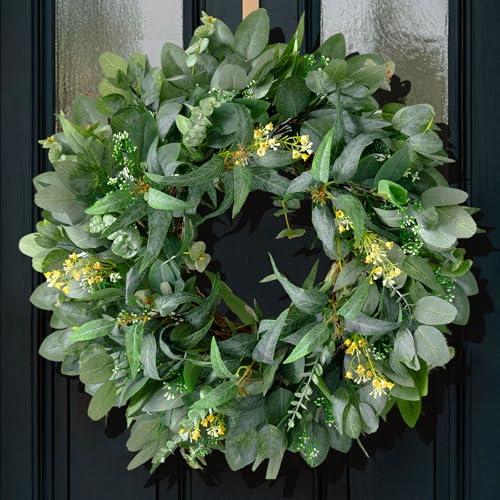 24 Inch Artificial Eucalyptus Wreaths for Front Door Outside- Green Year Round Wreath for Spring Summer Fall Winter- All Seasons Evergreen Hanging Decor for Farmhouse Home Firplace Porch,Window,Wall