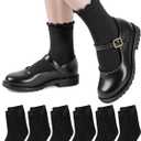 HONGTEYA 6 Pairs Girls White Ruffle Socks School Uniform Dress Socks for Kids Seamless Crew Ankle Cotton Size 4-14 Years (8-10 Years, Black)