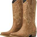 Cowboy Boots for Women, Cowgirl Boots with Embroidered and Chunky Heel, Ideal for Daily Wear and Country Fashion (7, Tan)