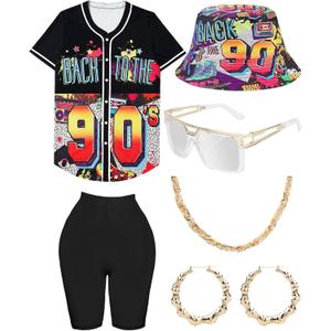 80s 90s Outfit for Women, Unisex Hip Hop Costume Baseball Jersey Shirt Yoga Pants Bucket Hat Gold Chain Rapper Accessories Large, Black (Pattern Hat-2)