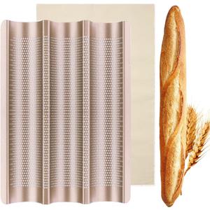 Baguette Pan, French Bread Baking Pan Perforated 3 Loaves Long Italian Bread Pan Mold Nonstick Baguettes Bakery Tray with Proofing Cloth,15"x11"