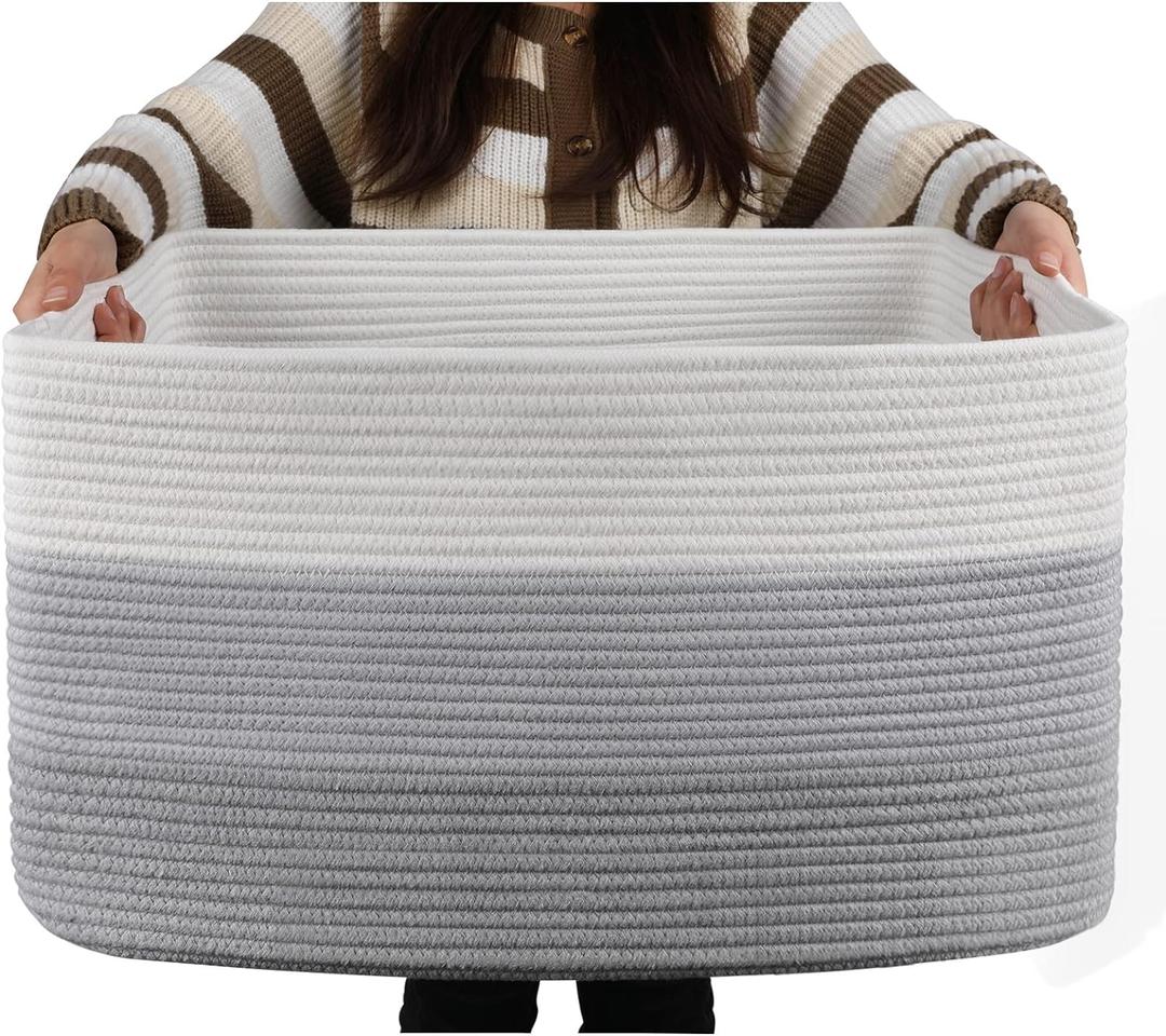 OIAHOMY Large Blanket Basket, 22x17x12 Rectangle Woven Baskets, Nursery Blanket Storage Living Room, Toy Storage With Handle, Large Baskets for Organizing-Gradient Grey