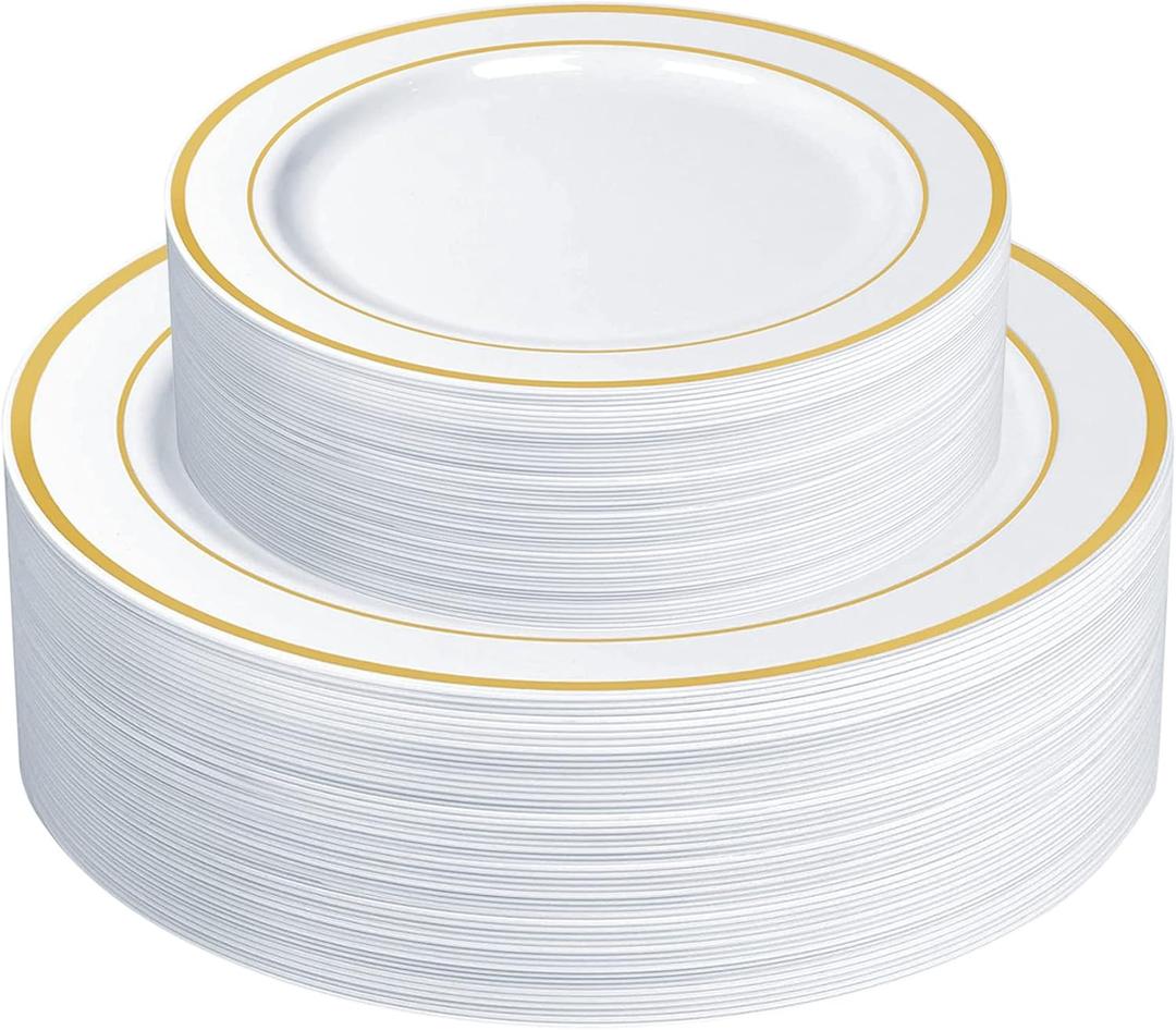 SETUP 60-Piece Gold Trim Plastic Dinnerware Set  30 10.25" Dinner & 30 7.5" Salad Plates  Heavy-Duty Disposable for Weddings, Catering, Parties