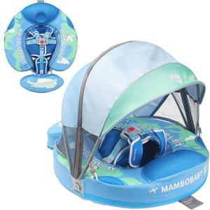 Mambobaby Float with Canopy Non Inflatable Baby Pool Float Upgraded Tail Toddler Baby Float with Removable Sun Canopy Safety Swim Float No Flip Over for Age 3-24 Months, Earth Blue
