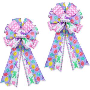 Large Easter Bows for Wreath 20x11 Inch, 2 Pack Pre-Tied Easter Egg Wired Ribbon Bow, Big Tree Topper Bow for Front Door Indoor Outdoor Spring Summer Decoration (Purple)