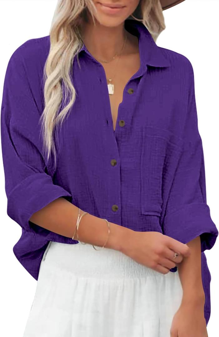 Diosun Womens Casual Button Down Shirts V Neck Long Sleeve Cotton Loose Fit Plain Work Blouse Tops with Pocket (Purple, M)