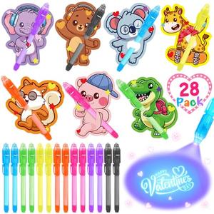 28 Pack Valentines Invisible Ink Pens with Greeting Cards, Valentines Party Favors and Cards for Kids, Valentines Day Gifts for Kids Classroom Exchange, Magic Pen with UV Light for Secret Message