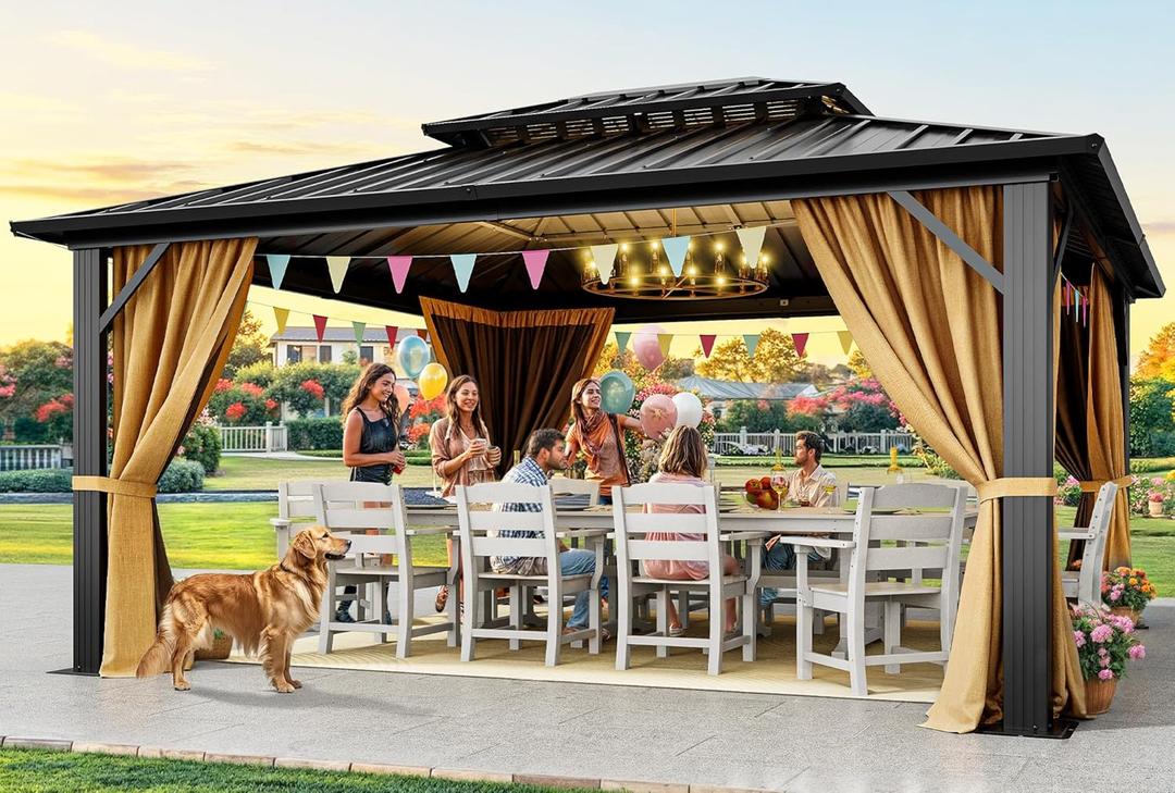 YITAHOME 10X12FT Hard Top Metal Gazebo Patios Double Roof Canopy Aluminum Frame Garden Gzebo Tent Curtains Netting for Patios Backyards Decks Lawns Brown