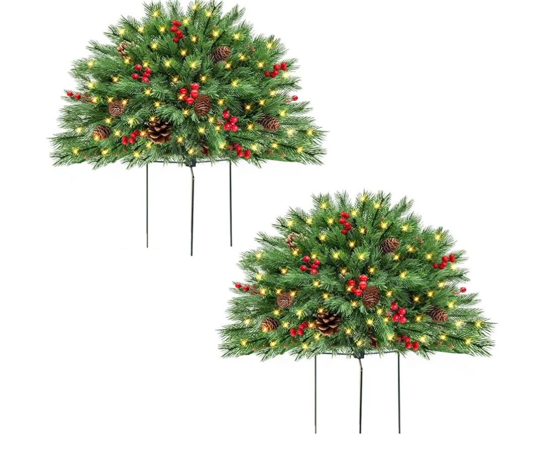 Outdoor Christmas Tree Urn Filler 2 Set, Pre-lit Artificial Flocked Xmas Tree with Cones & Red Berries, Small Christmas Tree with 70 Warm Lights (Green)