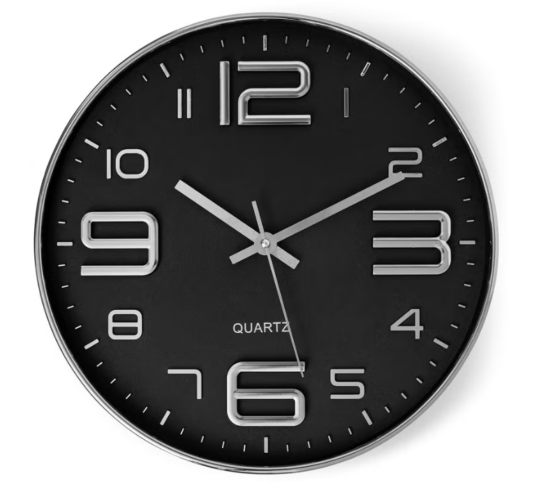 Bernhard Products Black Wall Clock 12 Inch Stylish Modern Silver Silent NonTicking Quartz Battery Operated Round 3D Decorative Design for Home/Office/Kitchen/Bedroom/Living Room, Easy to Read