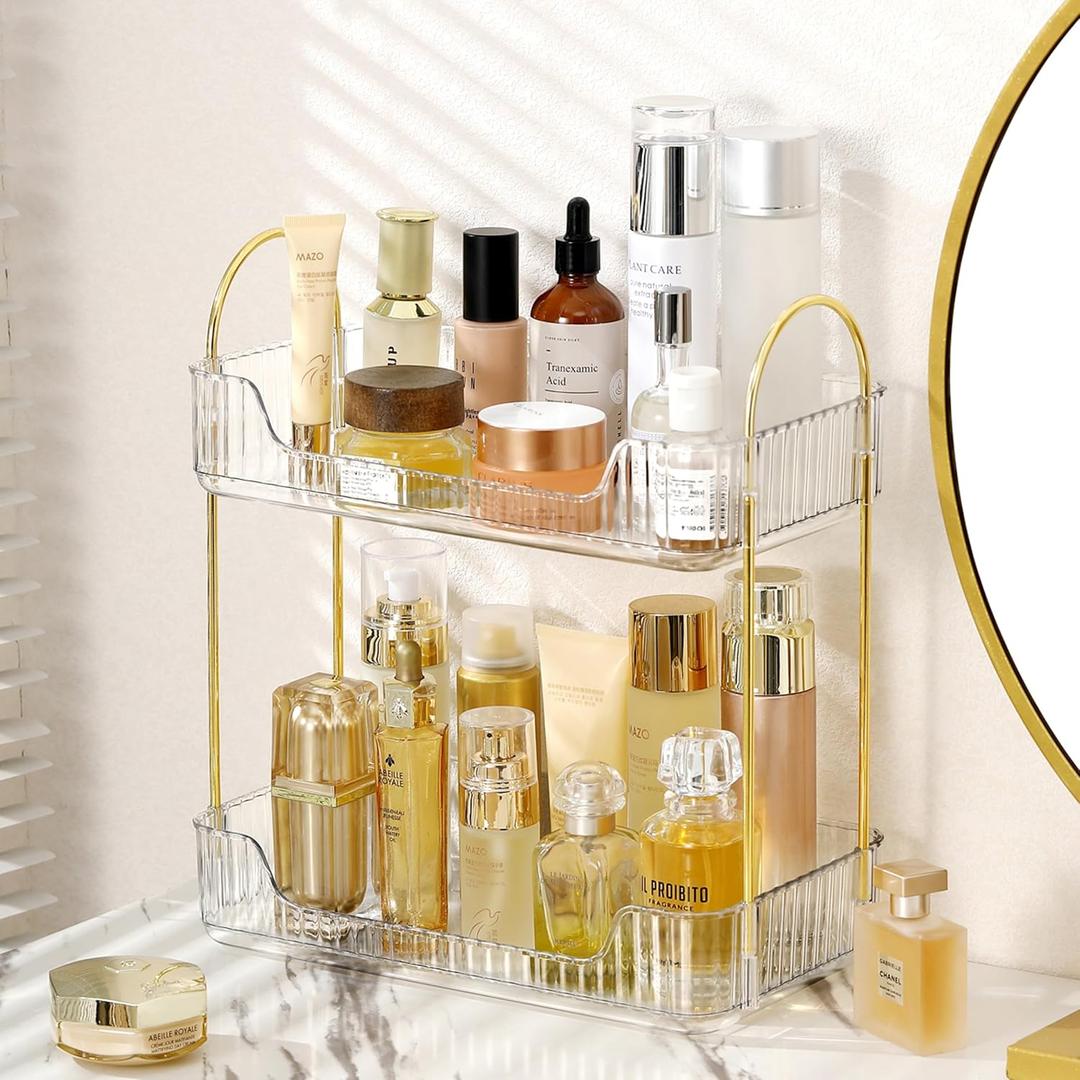 Bathroom Organizer, 2 Tiers Plastic Tray Stand, Clear, for Perfume, Makeup, Skincare (11.8" x 6.7" x 13")