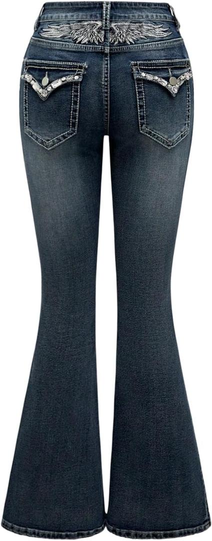 WDIRARA Women's Goth Punk Rhinestone Embroidered Flare Jeans Bootcut Denim Pants (Blue, S)