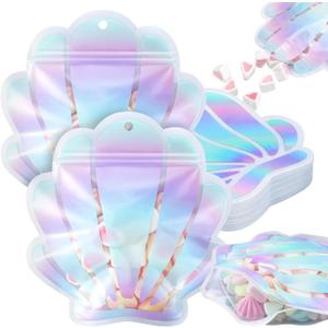 Resurhang 60 Pcs Mermaid Party Zipper Treat Bags Cute Seashell Food Goodie Gifts Bags Resealable Under the Sea Aquatic Nautical Theme Snack Candy Containers for Summer Ocean Beach Supplies