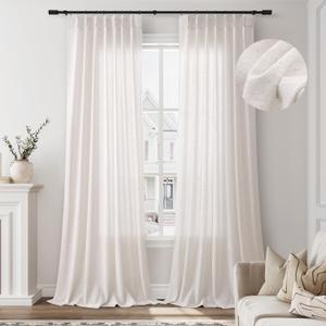 Cream Pinch Pleated Linen Curtains 120 Inches Long 2 Panels Natural Semi Sheer Light Filtering Curtains Light Beige Boho Pleat Drapes with Hooks Back Tab for Living Room High Window Curtain 40x120