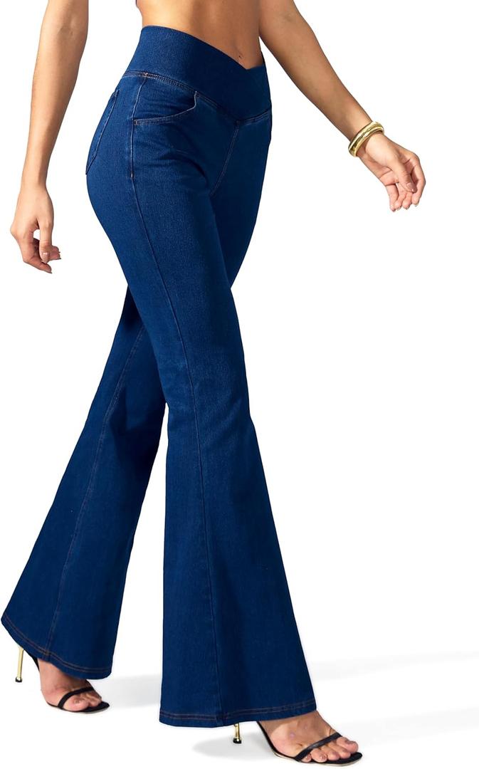 Rammus Flare Jeans for Women Crossover High Waisted Bell Bottom Jeans Trendy Yoga Pants Stretchy Flare Leggings with Pockets (X-Large, Dark Blue Denim)