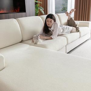 OHSIO Sectional Couch Covers, Wear Resistant Stretch Sofa Covers Washable Soft Couch Cushion Covers Anti Slip Furniture Protector Sofa Slipcovers for Pets(1 Piece Chaise Cover, Ivory)