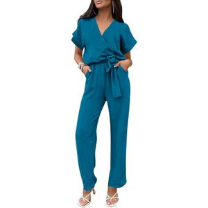 PRETTYGARDEN Women's Short Sleeve V Neck Jumpsuits Summer Long Pants Rompers Business Casual Outfits (Lake Blue, Medium)