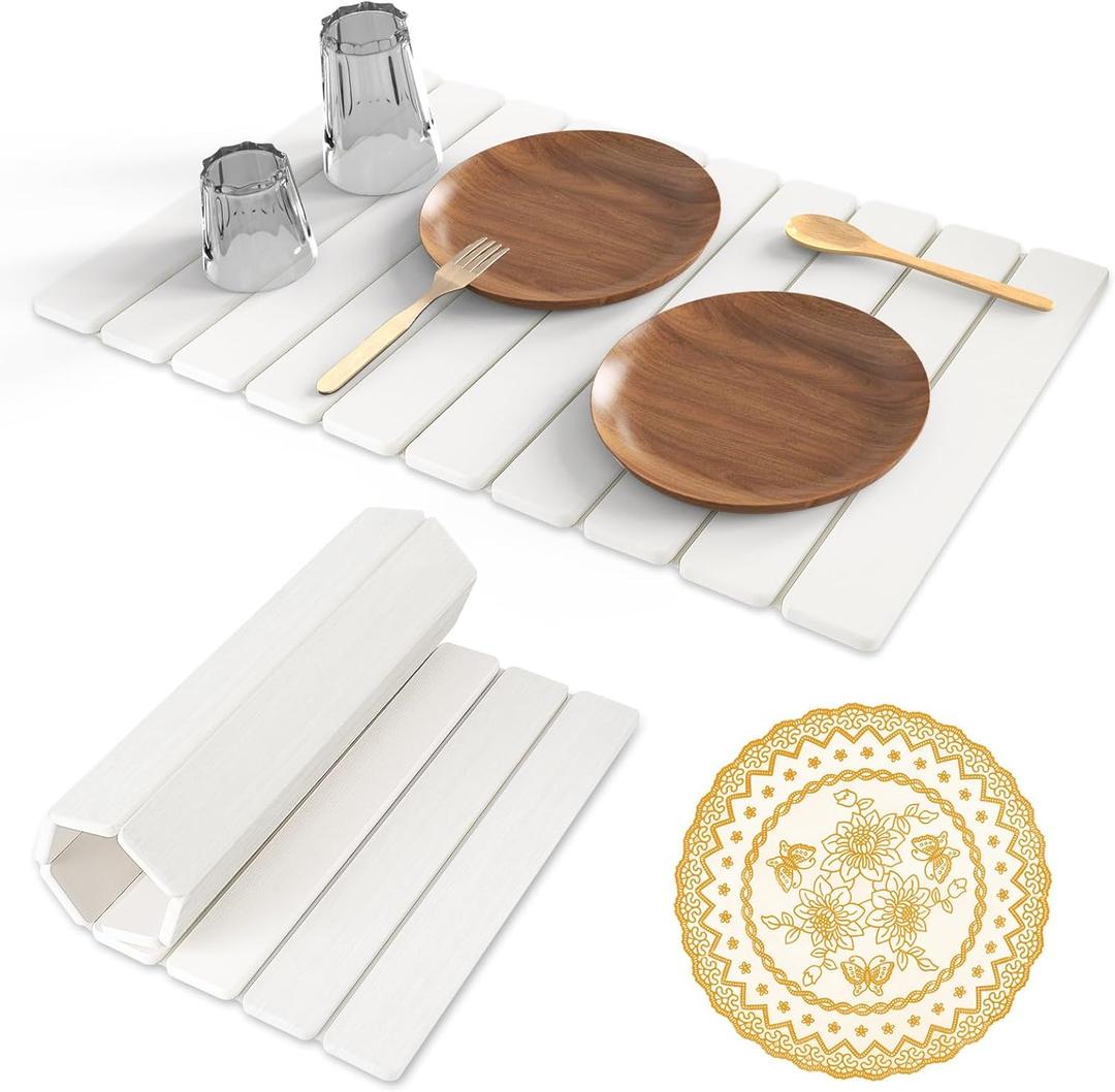 Stone Dish Drying Mat, 24"(L)16"(W) - Fast-Drying, Collapsible Kitchen Counter Mat for Dishes, Cups & Bottles with Sanding Tool + Placemat, White